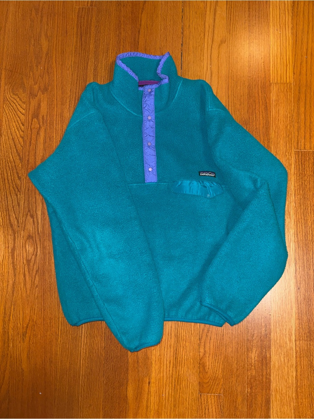 Vintage Patagonia Teal Fleece Pullover with Purple Trim Unisex Size S